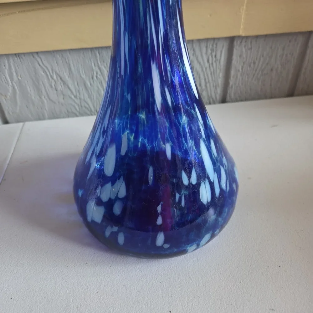 Abstract Art Glass Vase Decanter Style Hand Blown Mexico Blue White Ovals